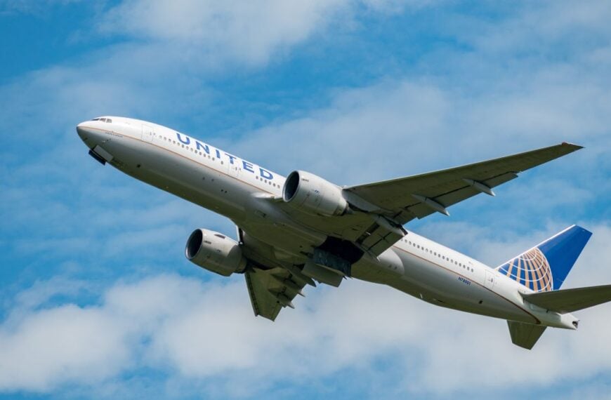Zurich, Switzerland, August 5, 2025 N-78001 United Airlines Boeing 777-224ER aircraft is taking off from runway 32