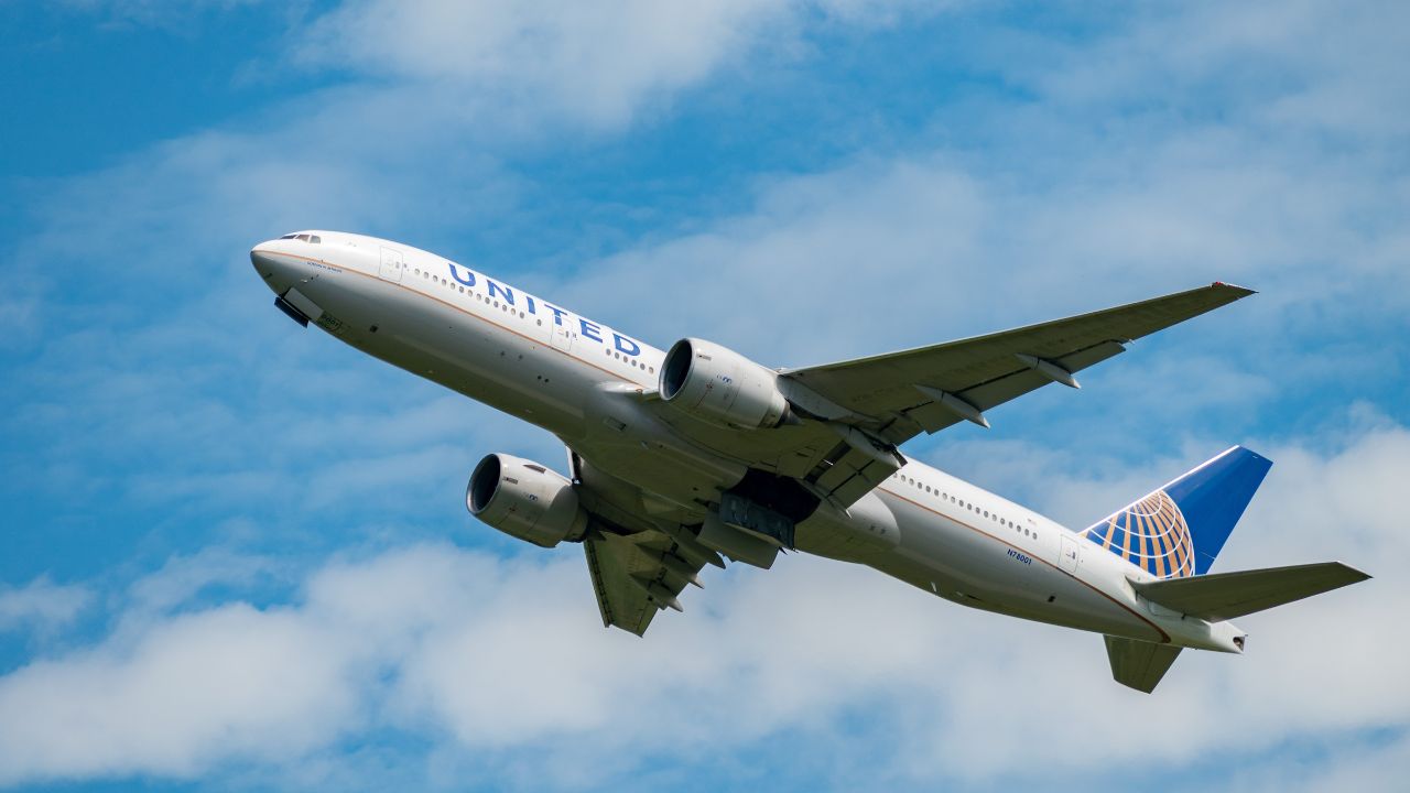 Zurich, Switzerland, August 5, 2025 N-78001 United Airlines Boeing 777-224ER aircraft is taking off from runway 32