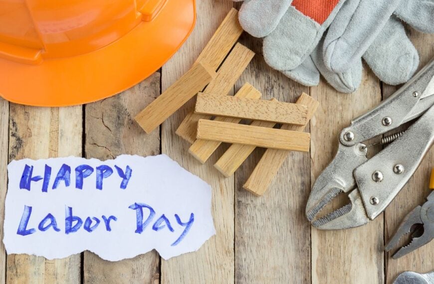 Labor Day is a federal holiday of United States America. Repair equipment and many handy tools. Top view with copy space for use and design. Business and industry concept.