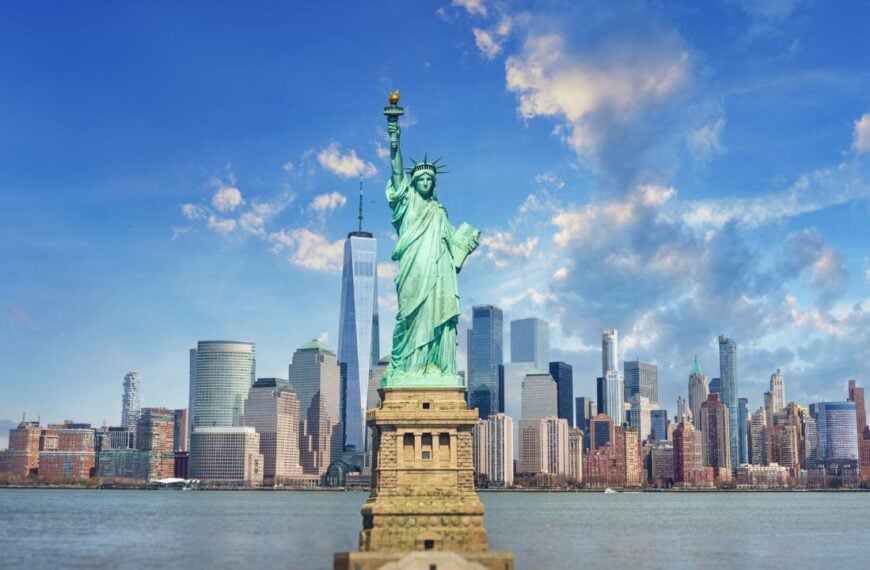 Panorama view of New York city eith statue of liberty tomorrow morning at sunrise. View from Staten Island. Big art Panorama.