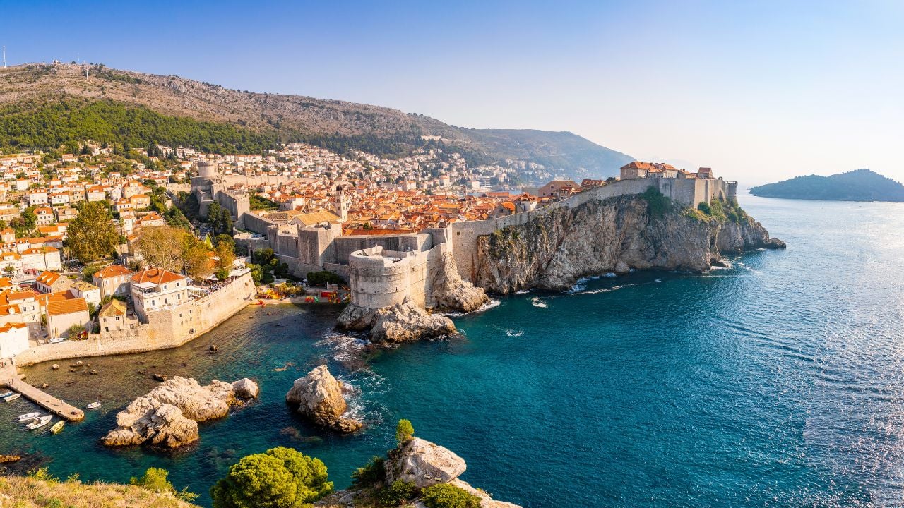 View from Fort Lovrijenac to Dubrovnik Old town in Croatia at sunset light, travel background