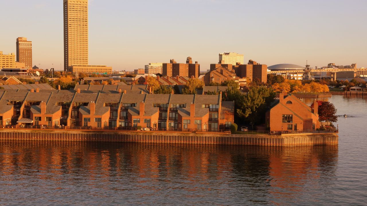 Buffalo, New York skyline at sunset.