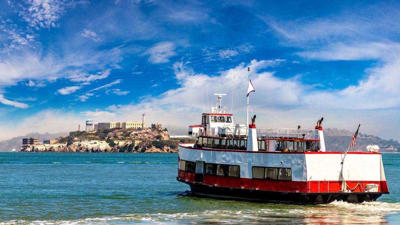 Ferry approaching Alcatraz Island in San Francisco Bay.