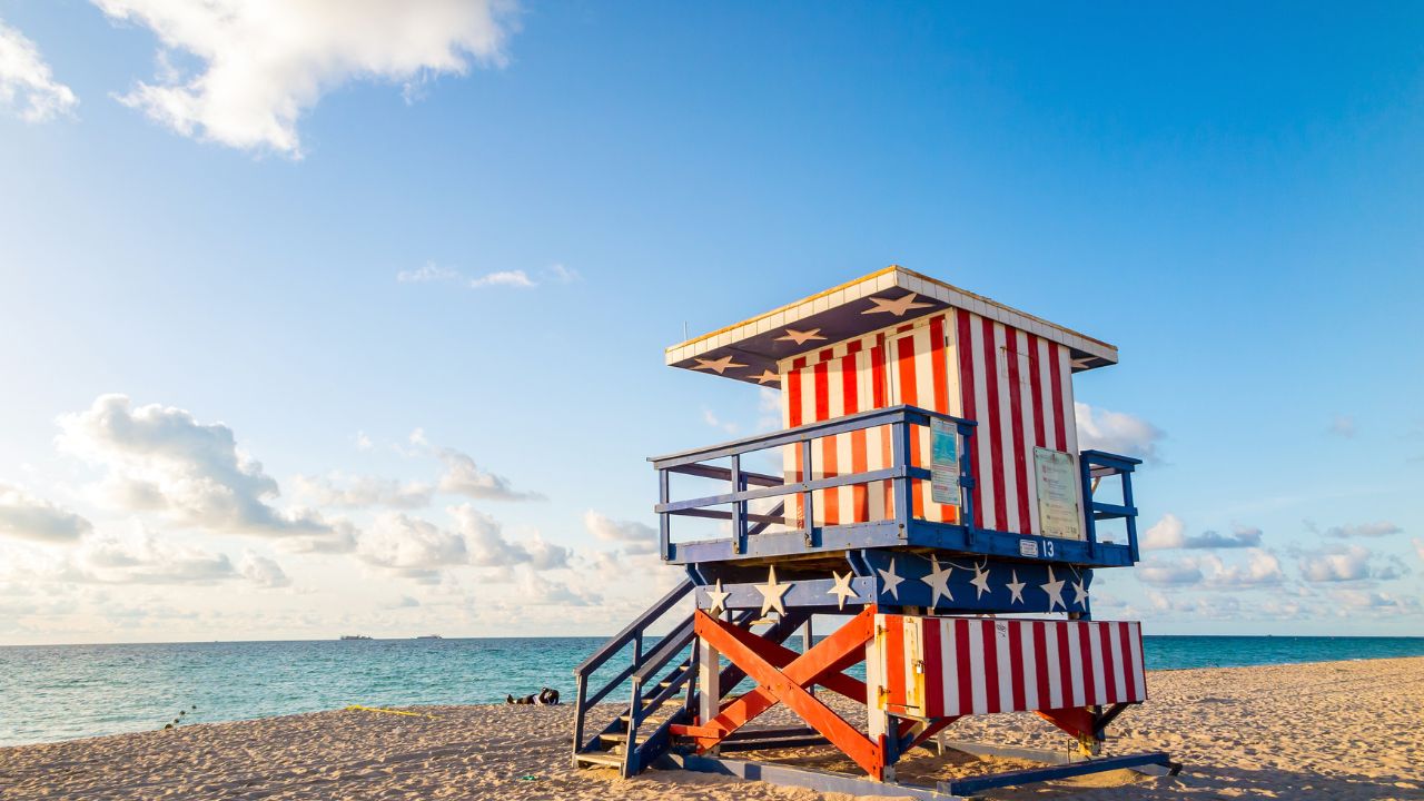 Colorful lifeguard tower in South Beach, Miami Beach, Florida.