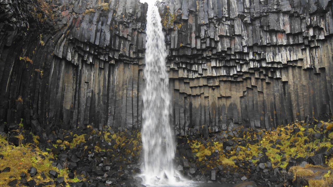 Svartifoss, waterfall with basalt hexagonal columns in Skaftafell in Vatnajokull National Park in Iceland.