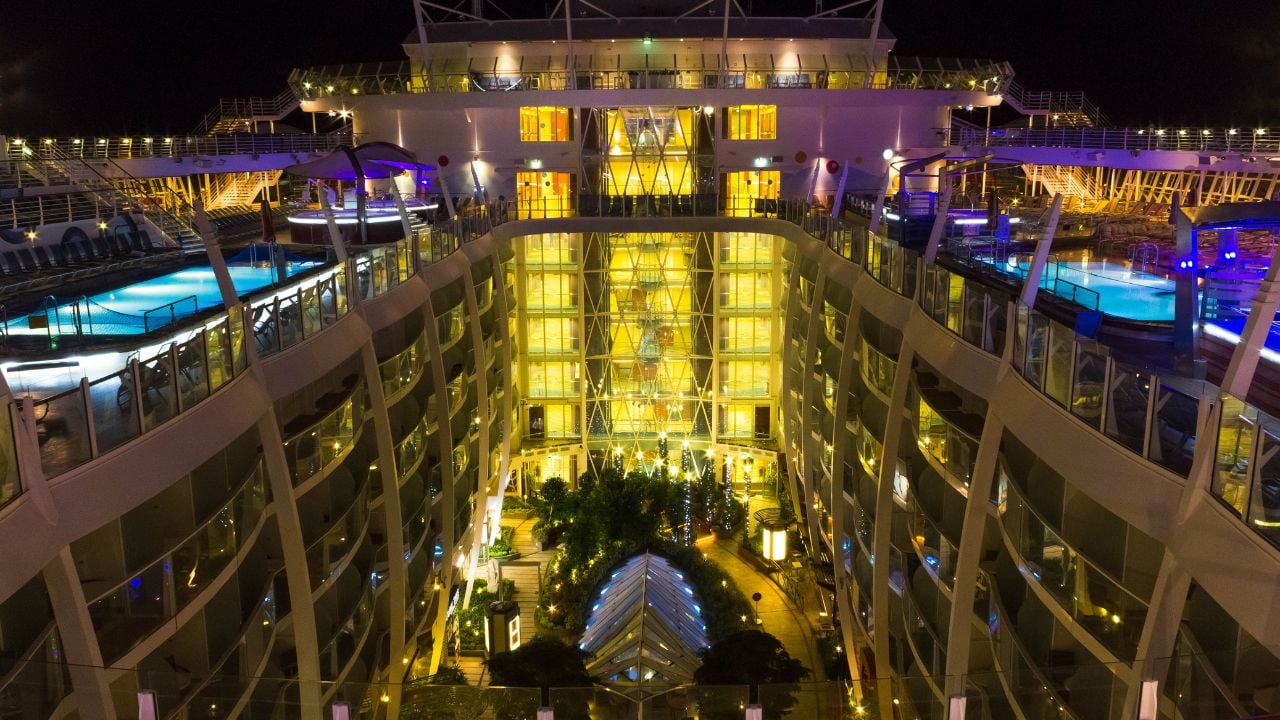 Cruise-ship upper deck at night.
