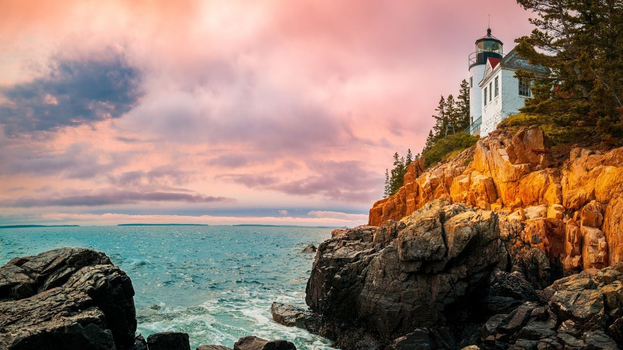 Sunset over Bass Harbor Head Light Station in Acadia National Park, Maine.
