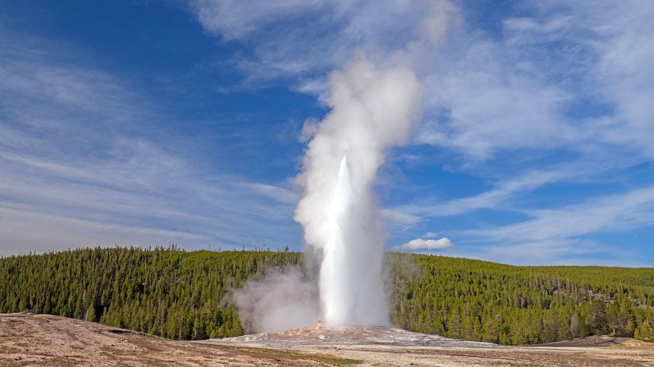 Old Faithful erupting in Yellowstone National Park.