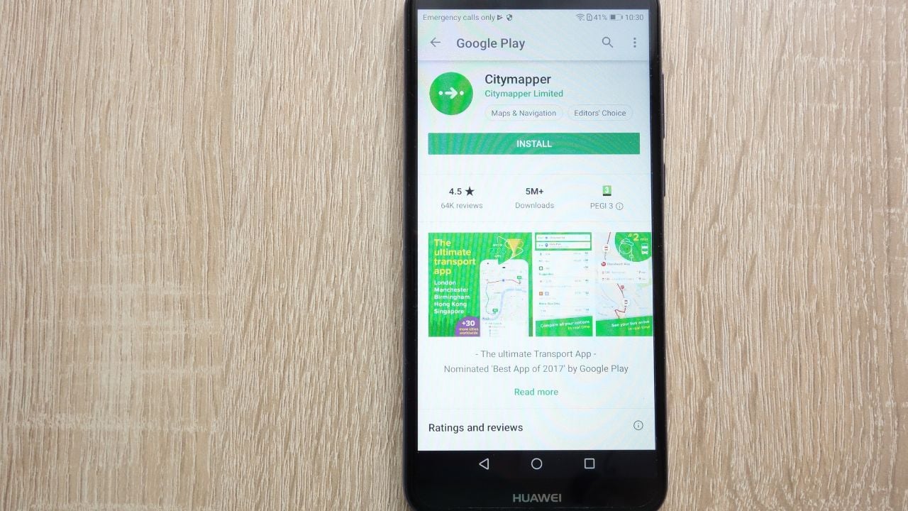 KONSKIE, POLAND - JUNE 24, 2018: Citymapper app on Google Play Store website displayed on Huawei smartphone