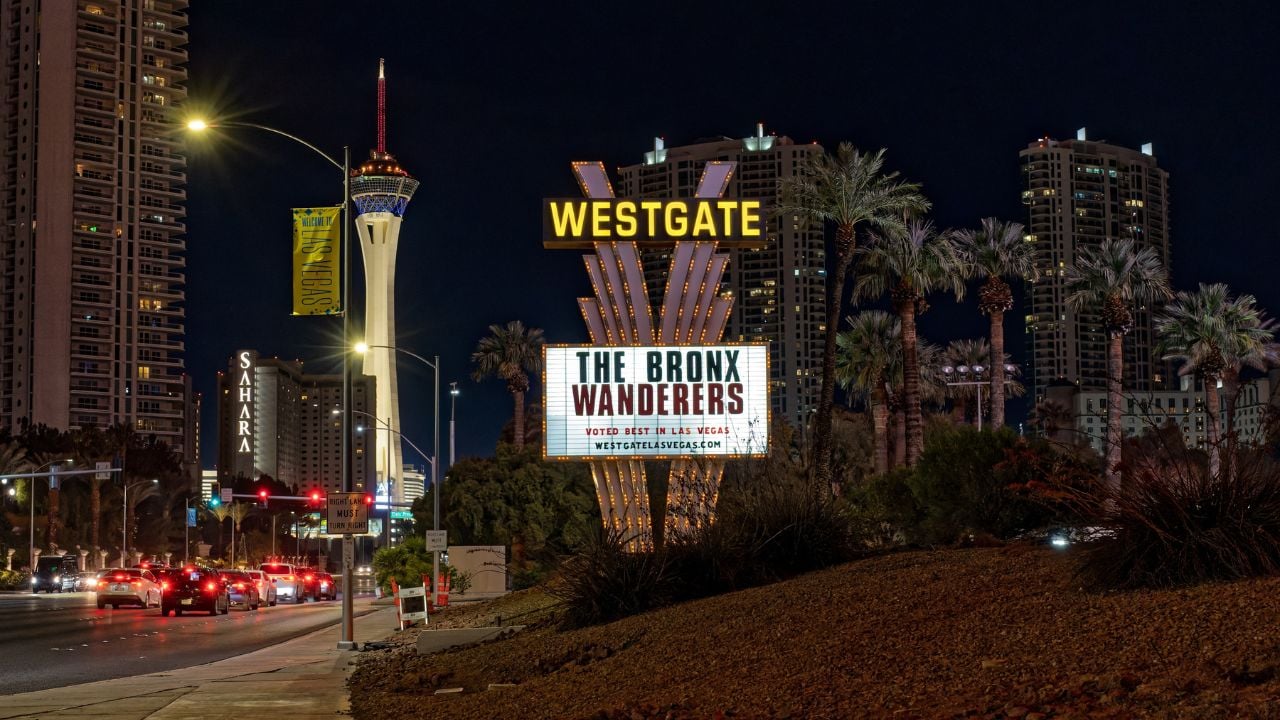 Westgate marquee at night in Las Vegas.