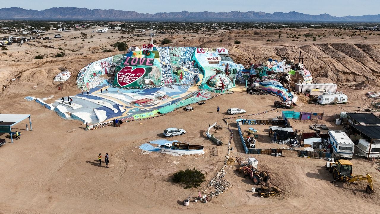 Aerial view of Salvation Mountain near the Salton Sea in California.