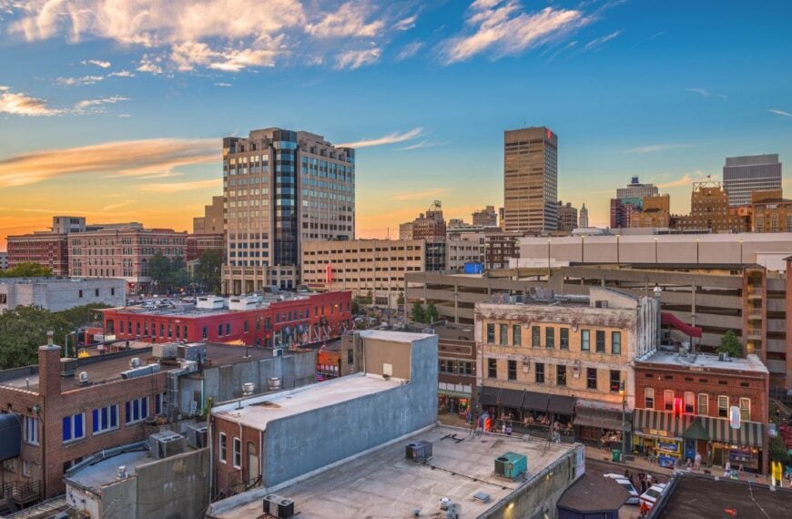 Memphis, Tennesse, USA downtown cityscape at dusk over Beale Street.