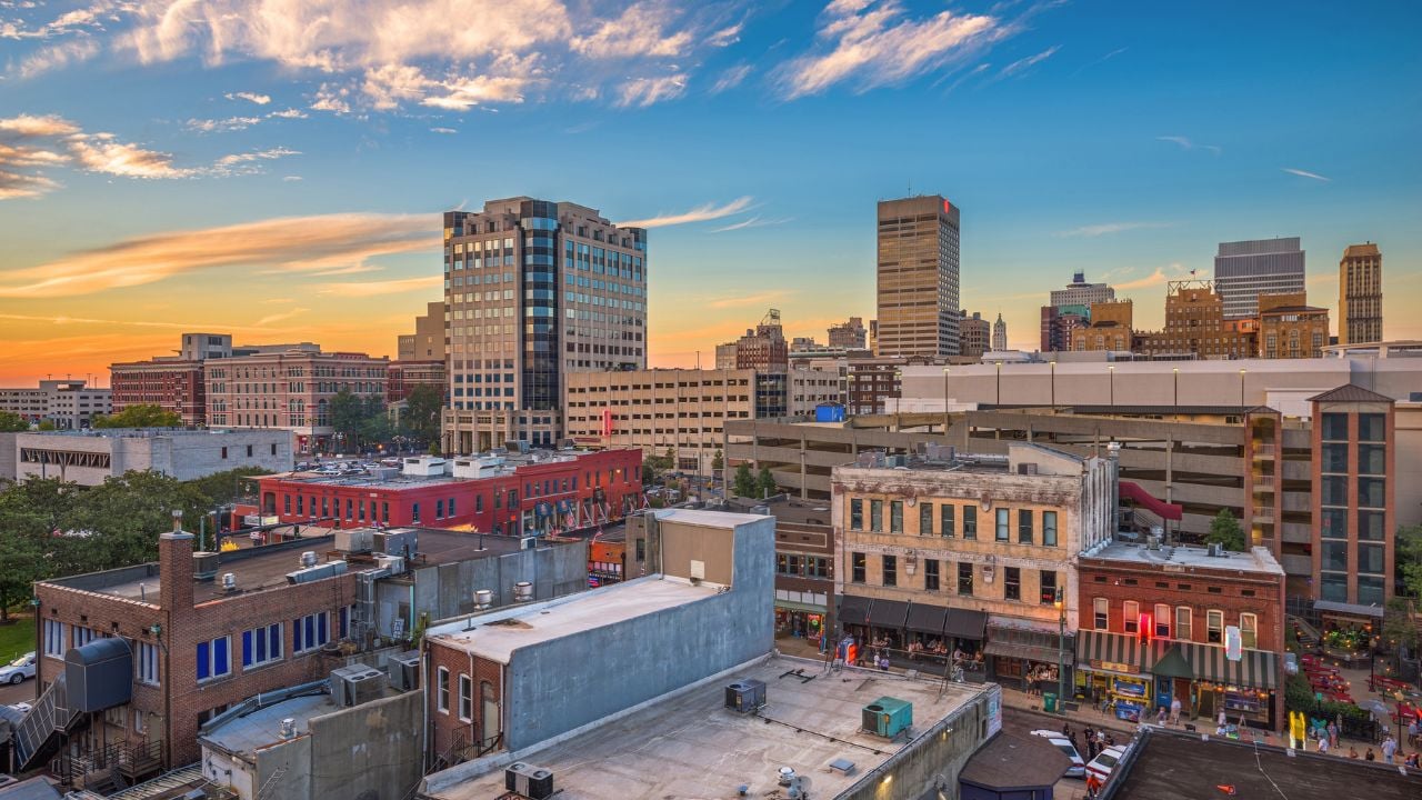 Memphis, Tennesse, USA downtown cityscape at dusk over Beale Street.
