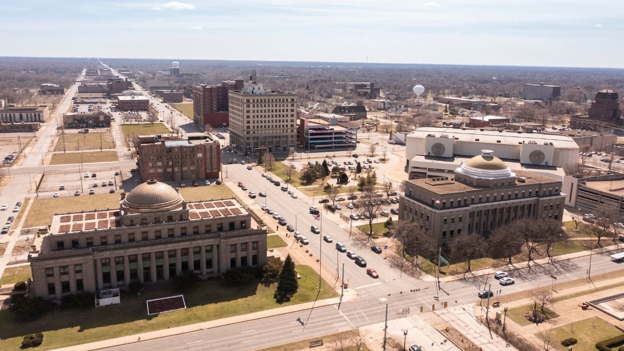 Afternoon aerial view of downtown Gary, Indiana.