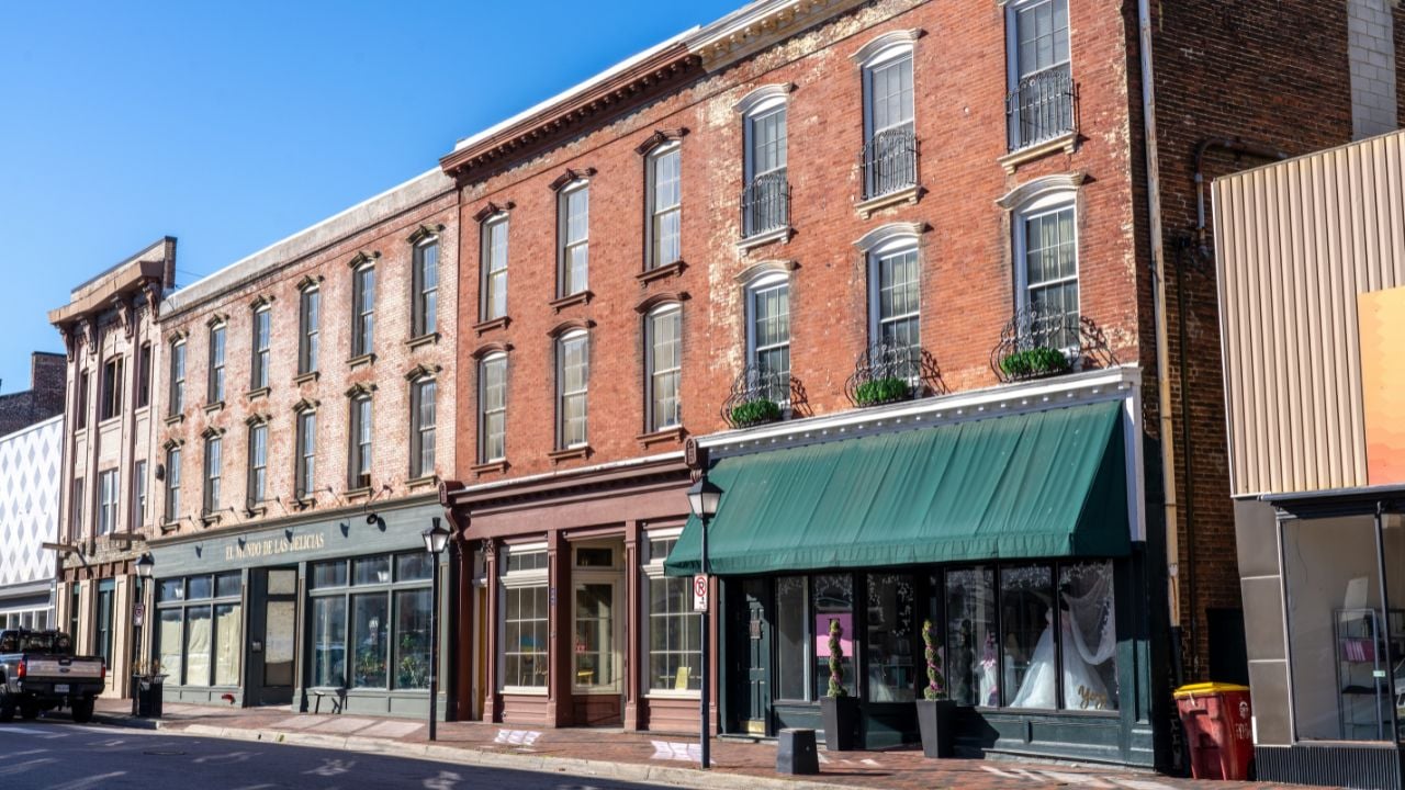 Historic buildings on a main street in downtown Petersburg, Virginia.