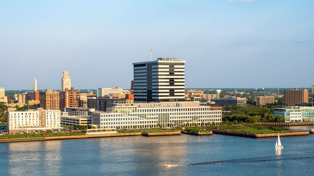 Camden, New Jersey waterfront seen from the Ben Franklin Bridge.