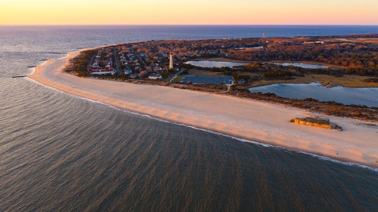 Aerial photo of sunset over Cape May Point, New Jersey