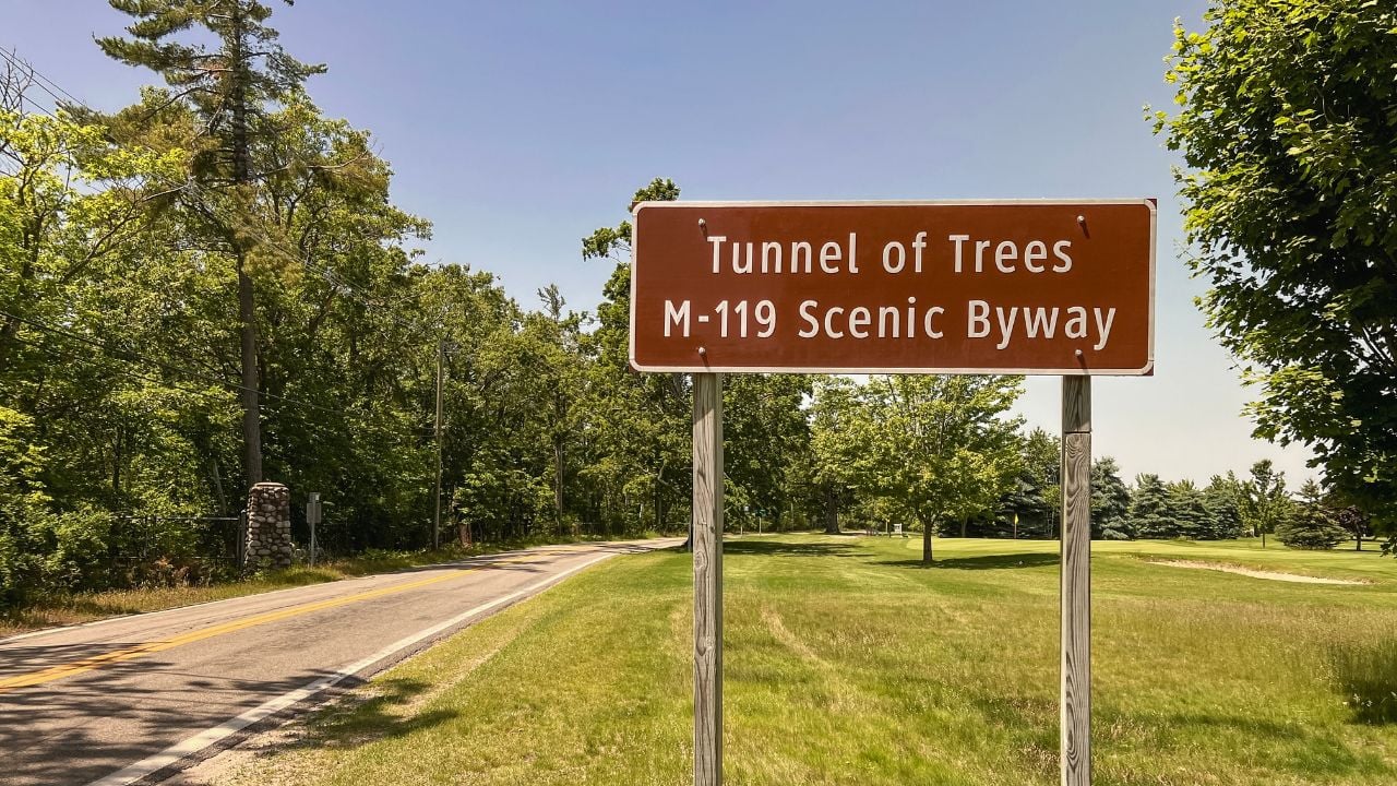 Tunnel of Trees M-119 Scenic Byway road sign in Michigan