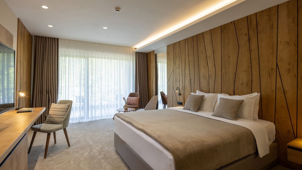 Interior of a hotel bedroom in the morning