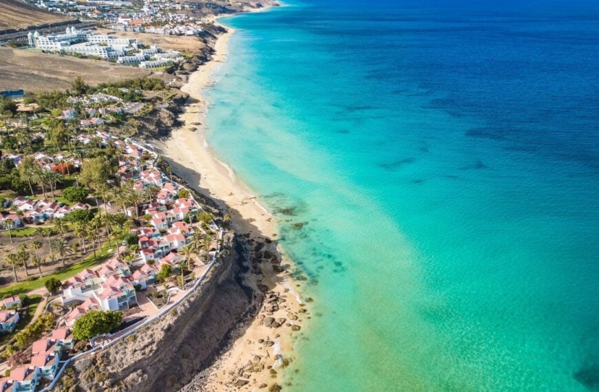 Aerial views of Butihondo and Jandia beach, Fuerteventura, Canary Islands, Spain