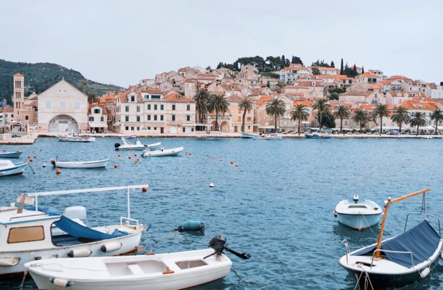 Hvar Old Town Promenade. Sea coast in Dalmatia,Croatia. A famous tourist destination on the Adriatic sea. Old town and marina.