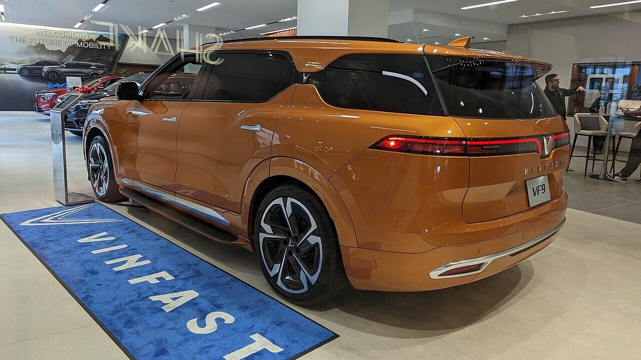 VinFast VF9 at the dealership in Hillsdale Shipping Center, San Mateo.