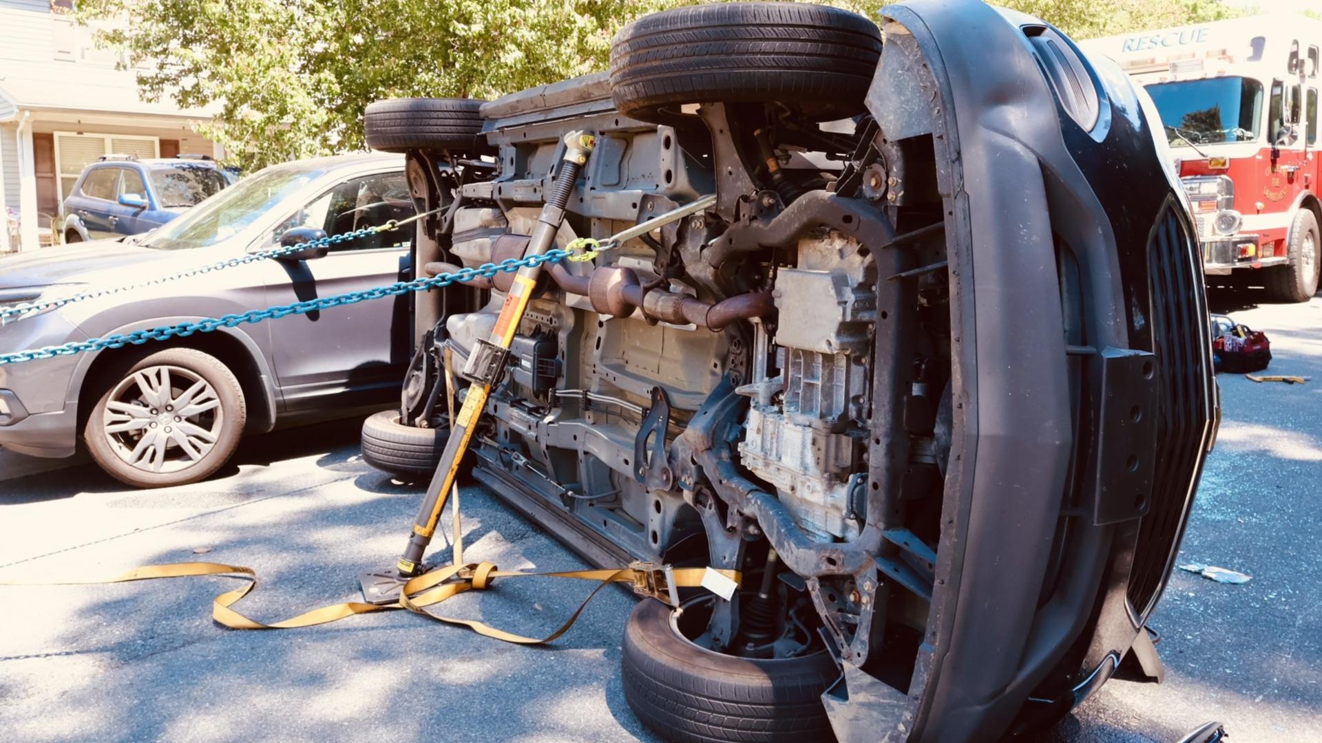 car flipped on its side