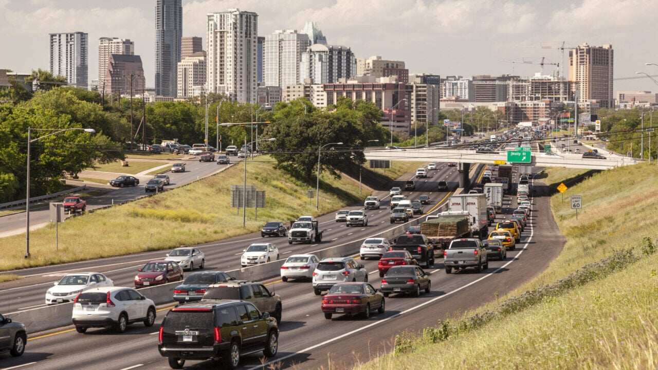 AUSTIN, TX, USA - APR 11, 2016: Heavy traffic on the highway near Austin City. Texas, United States