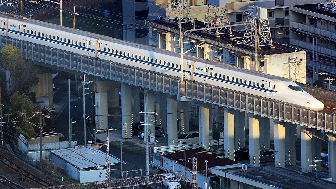 N700 Series Shinkansen high speed train arriving at Kyoto Station, Japan.
