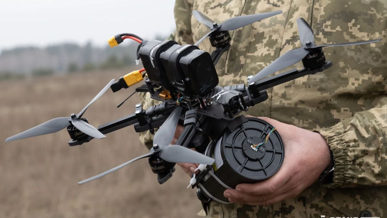 Ukrainian FPV drone with fiber-optic communication channel.