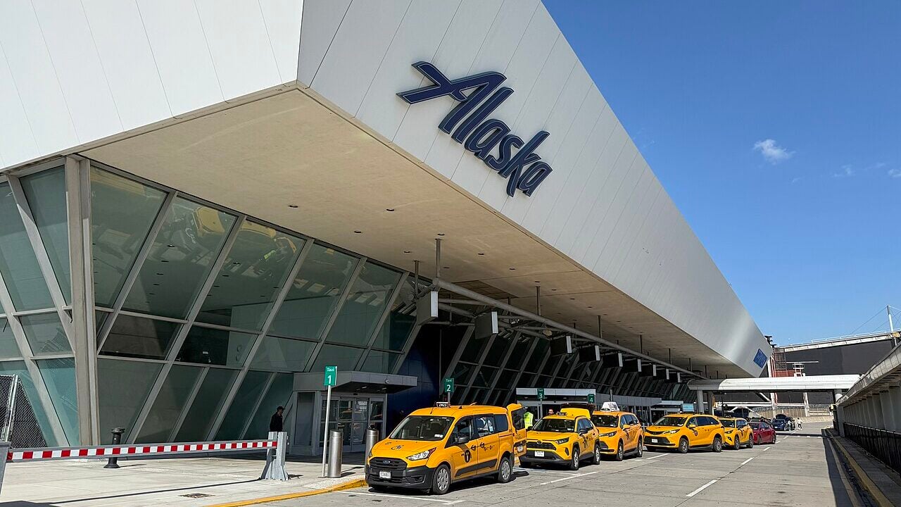 Alaska Airlines sign at JFK's Terminal 7.
