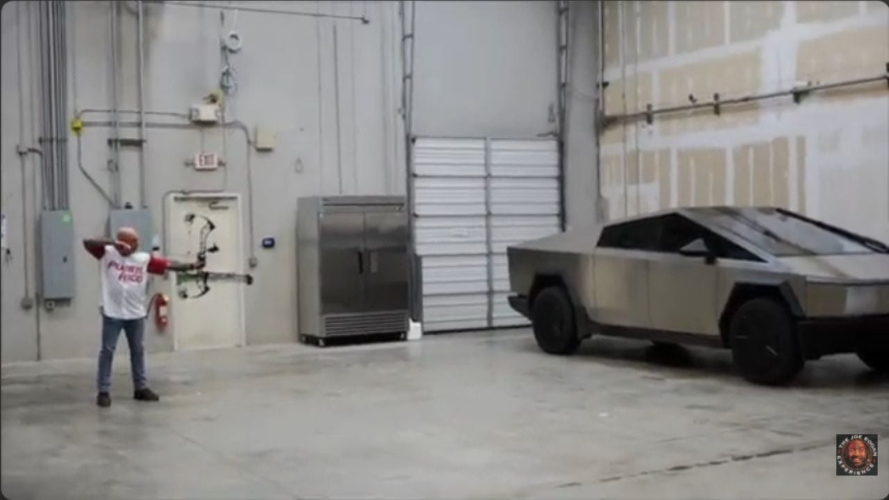 Watch an arrow explode on impact with Elon Musk's Cybertruck — and Musk barely flinch.