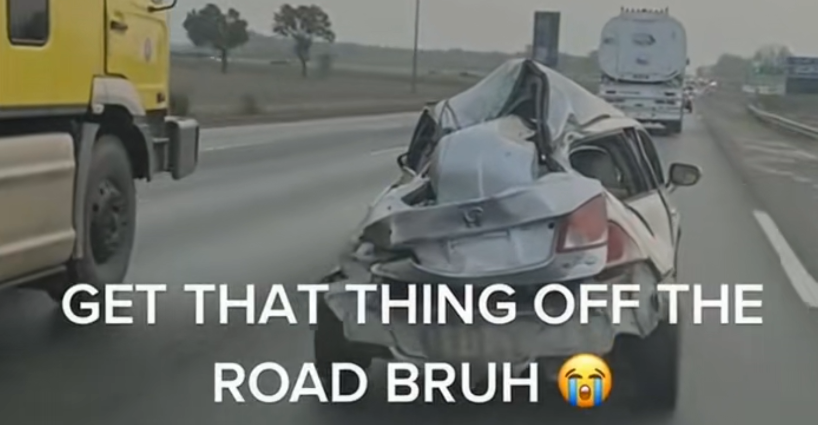 crumpled car on highway sparks debate