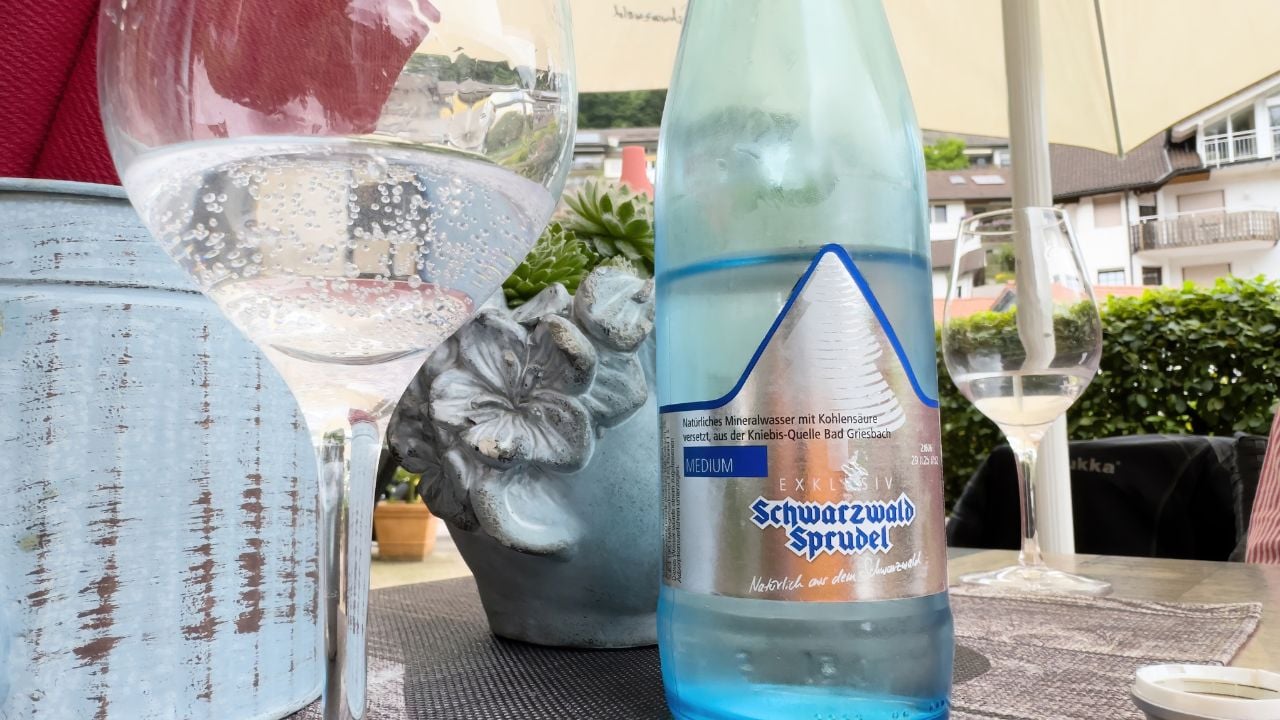 Bottle of sparkling water on a German restaurant table