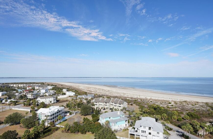 View of the beach and ocean from the top of the Tybee Island lighthouse