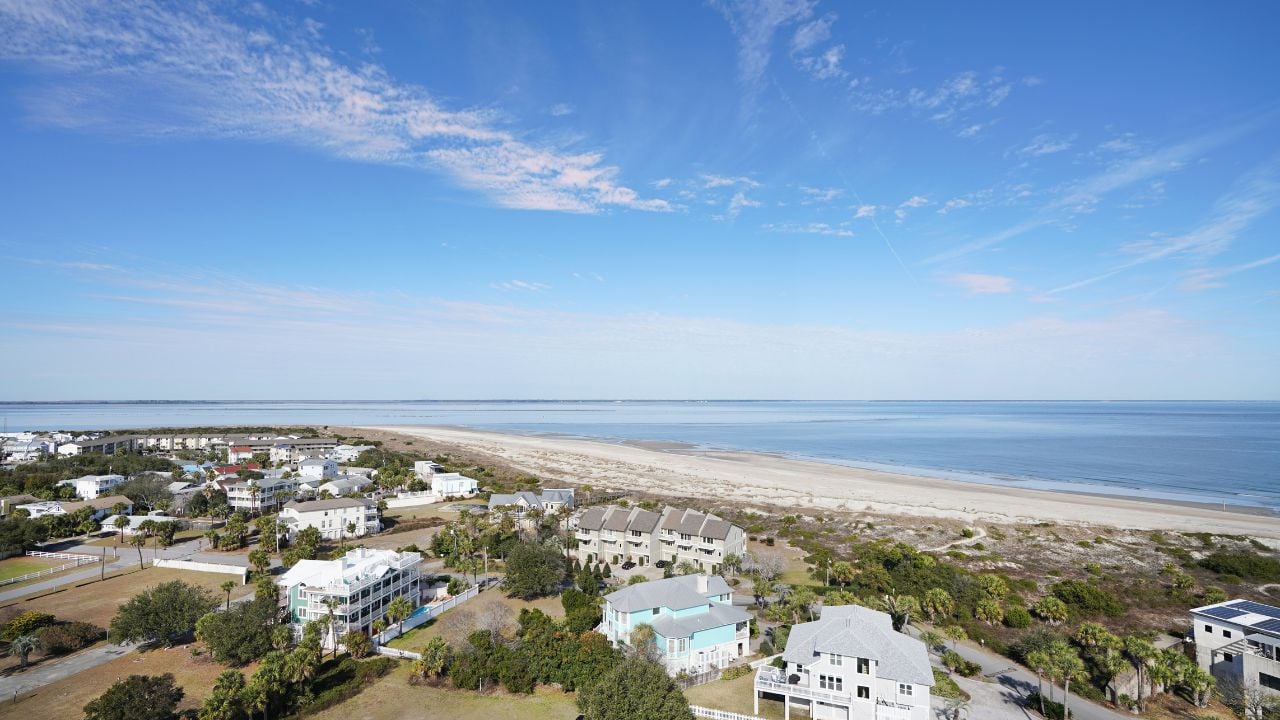 View of the beach and ocean from the top of the Tybee Island lighthouse