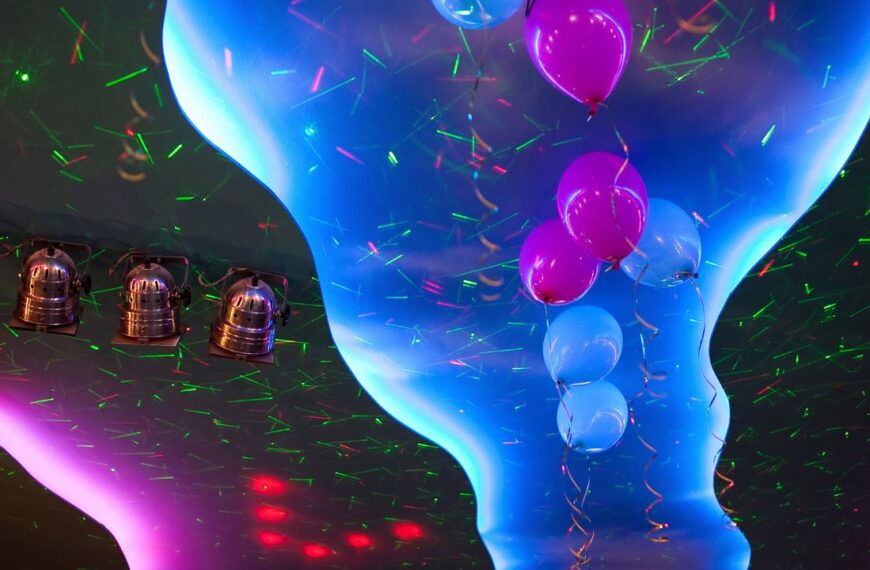 Ceiling lighting colorful spotlights with decorated balloons, celebration background