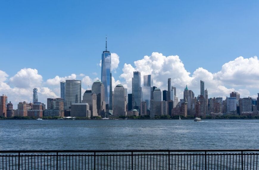 Jersey City, NJ, USA - August 23, 2022: Downtown Manhattan skyline views from Jersey City, NJ, USA, August 23, 2022. Manhattan is the most densely populated of New York City’s 5 boroughs.