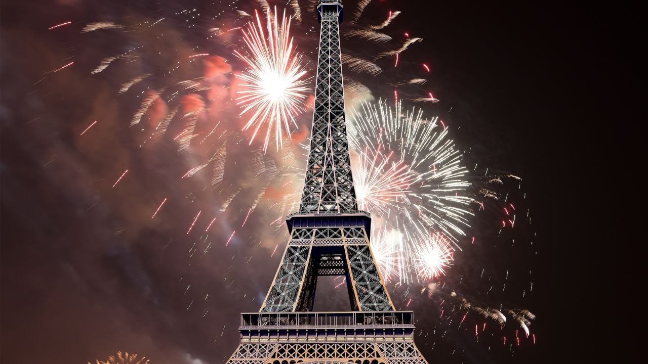 Fireworks over the Eiffel Tower in Paris, France