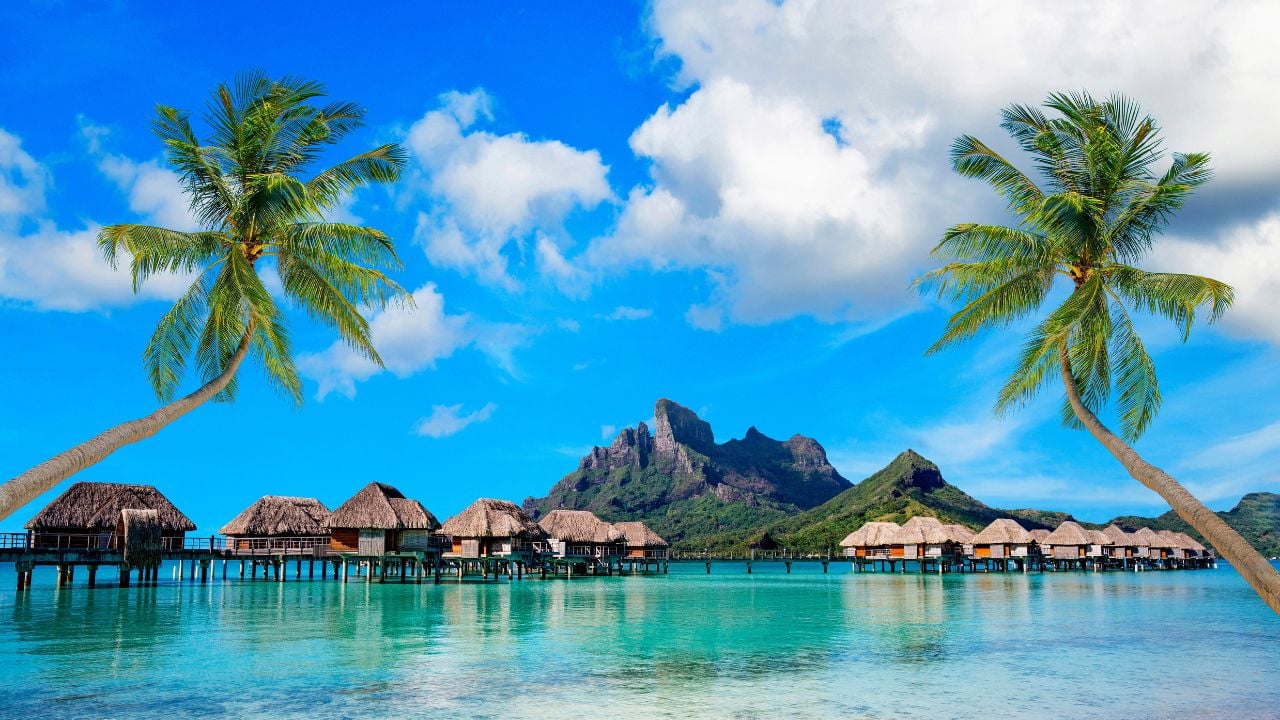 Bora Bora lagoon in French Polynesia with turquoise water and Mount Otemanu