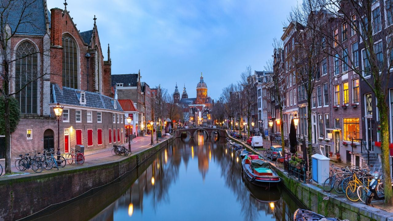 Canal in De Wallen, Amsterdam's Red Light District, at twilight
