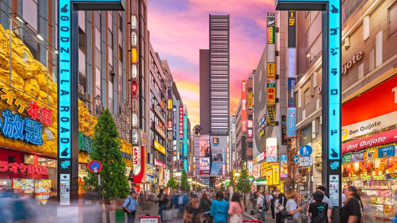 Illuminated entrance to Kabukicho in Shinjuku, Tokyo