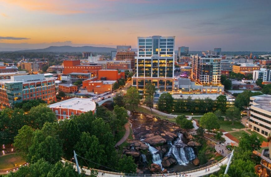 Greenville, South Carolina at Falls Park on Reedy Creek at dusk.
