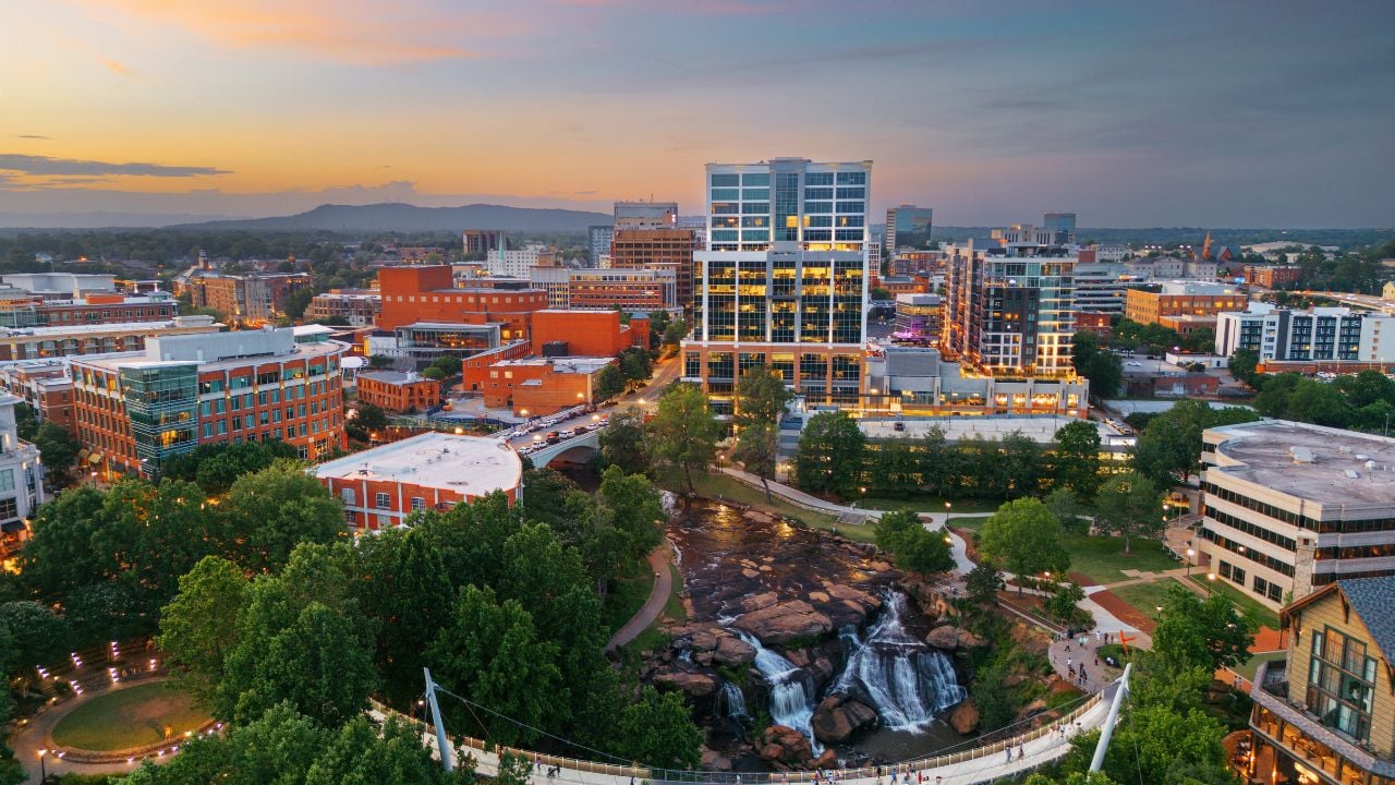 Greenville, South Carolina at Falls Park on Reedy Creek at dusk.