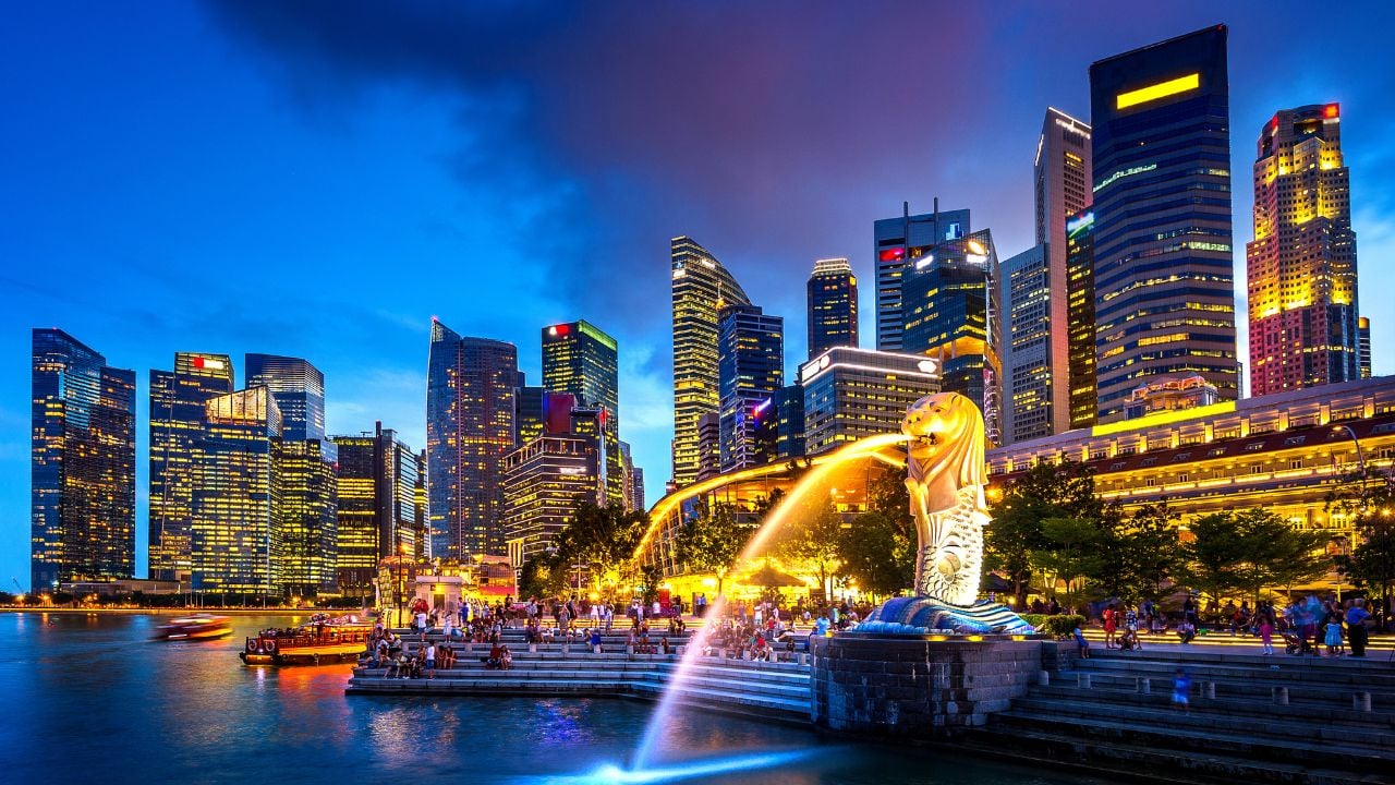 Singapore skyline at night.