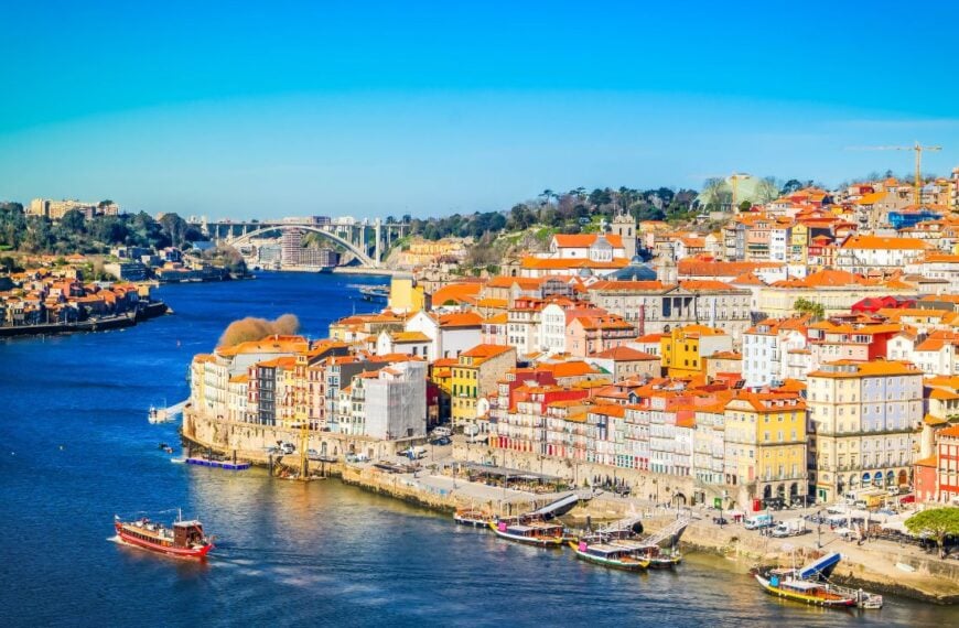 Picturesque, colorful view at old town Porto over Douro river. Oporto, touristic mediterranean city
