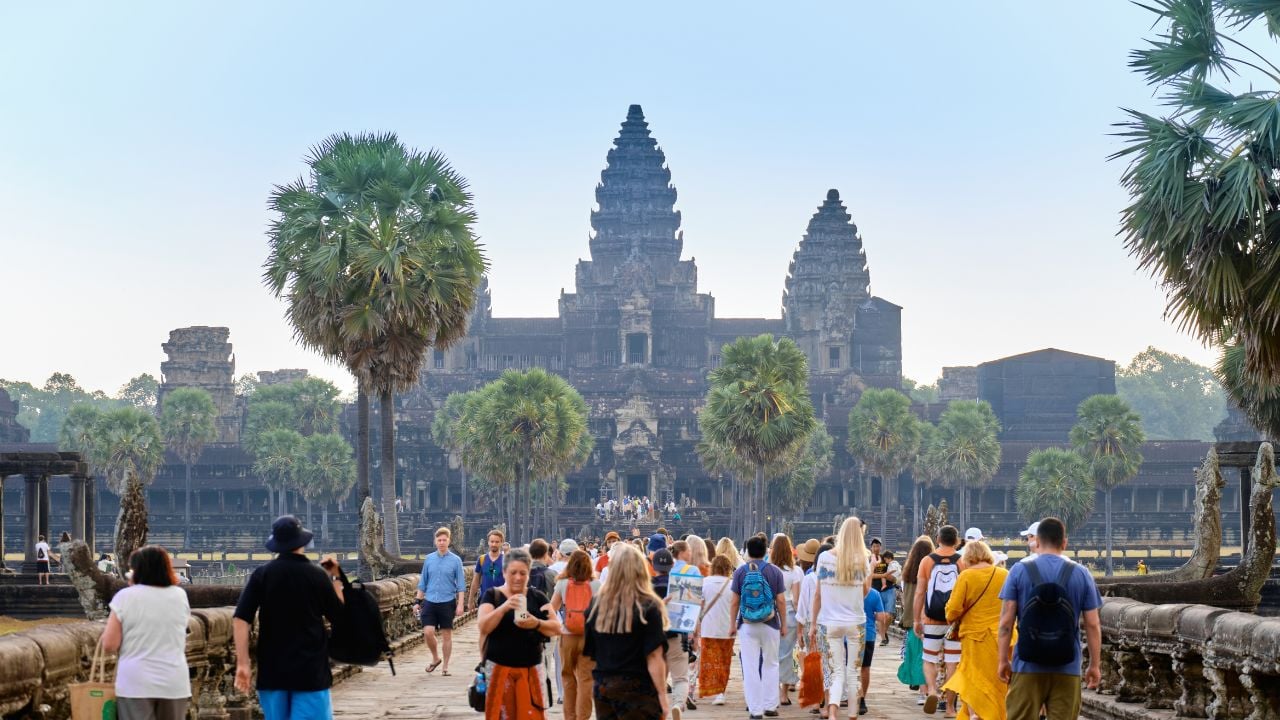 Tourists visiting Angkor Wat in Siem Reap, Cambodia