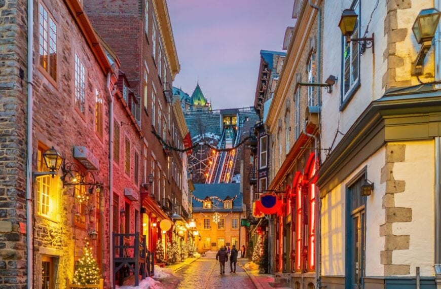 Quebec City skyline with Funicular, cityscape of Canada at sunset