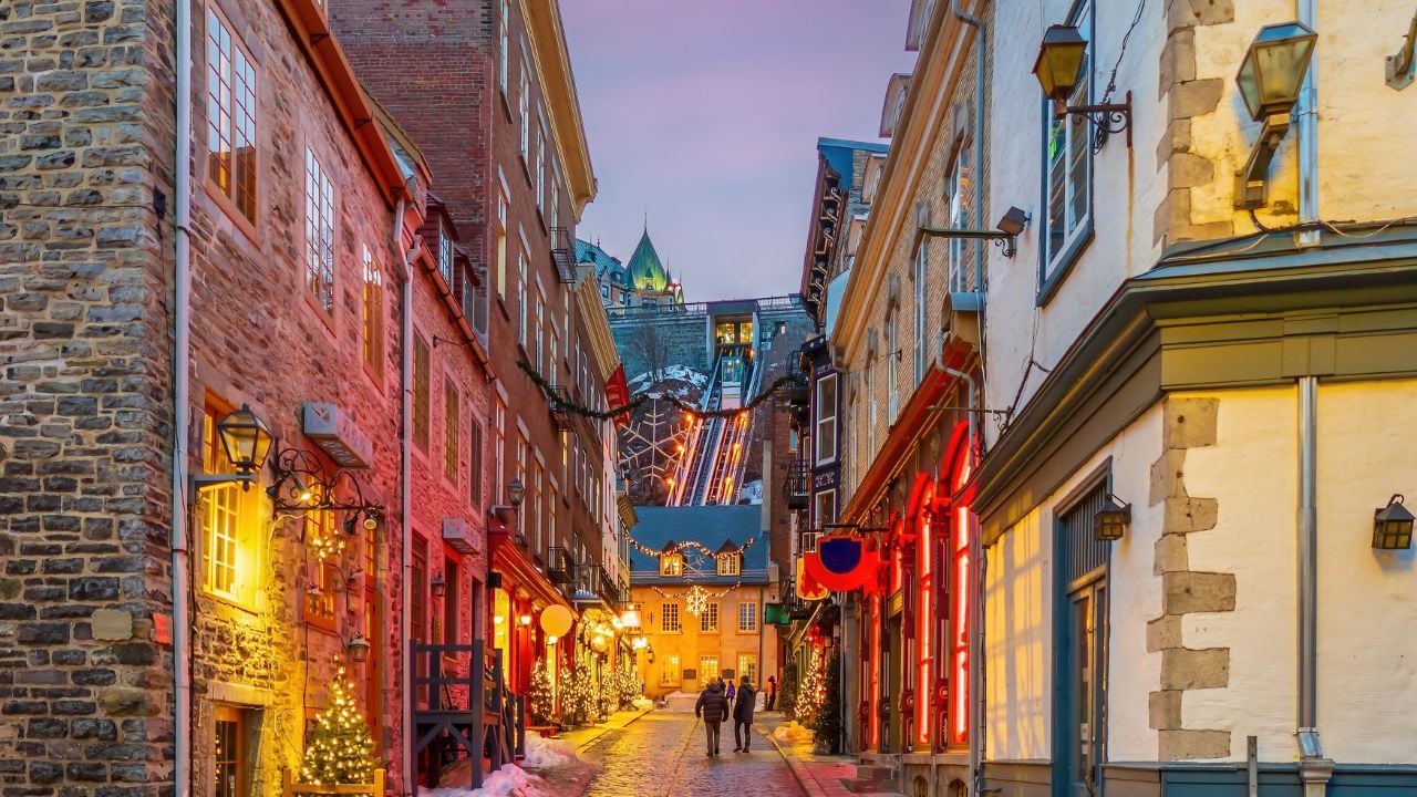 Quebec City skyline with Funicular, cityscape of Canada at sunset