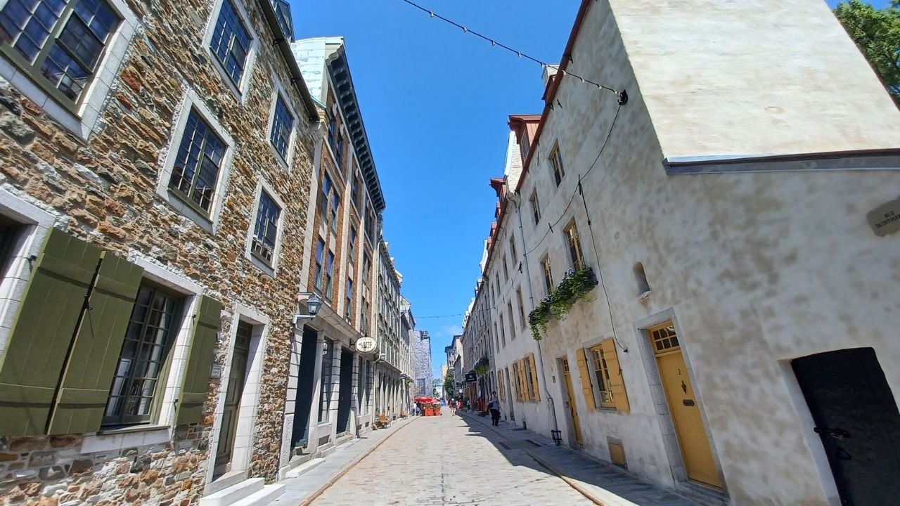 Cobblestone street in Old Québec, Canada, with historic architecture